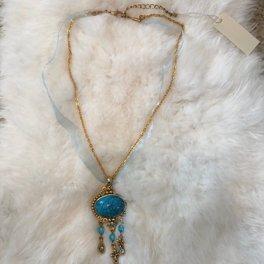 Gold Tone Faux Turquoise Beaded Dangle Statement Necklace